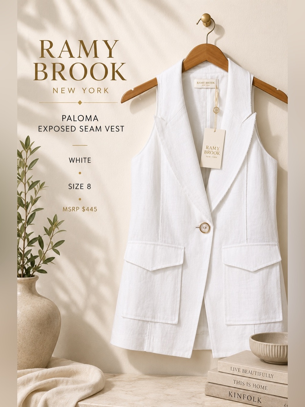 Ramy Brook Paloma Exposed Seam Ramie Vest White Size 8